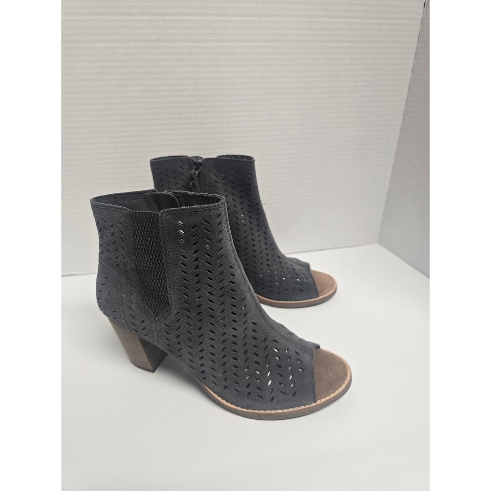 TOMS Majorca Charcoal Grey Perforated Suede Peep Toe Ankle Boots Size 8